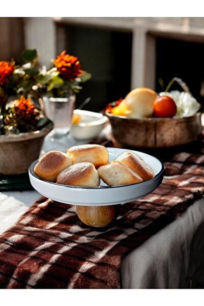 qtahya homes queen of kütahya Modern Porcelain Bowl - Limba Wooden Legs, Presentation and Catering Serving Plate, 21 cm