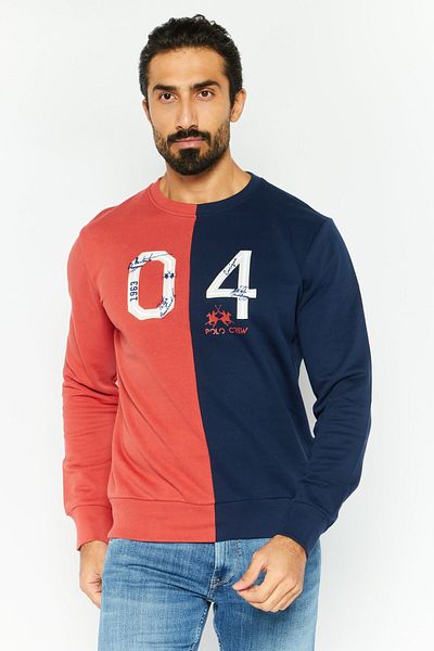 La Martina Men Crew Neck Long Sleeves Colorblock Sweatshirt, Red