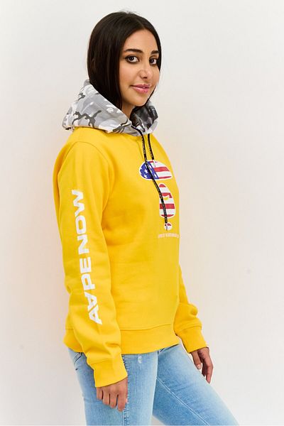 Aape By A Bathing Ape Women Graphic Long Sleeve Hooded Sweatshirts, Yellow Combo