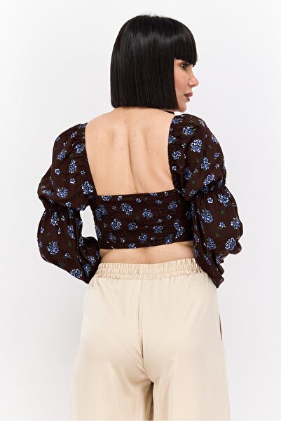 Monki Women Square Neck Long Sleeves Floral Printed Top, Brown Combo