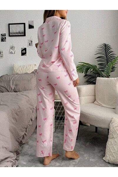 CSR HOMEWEAR Set pijama cu mânecă lungă, cu nasturi, pentru femei, panglică roz