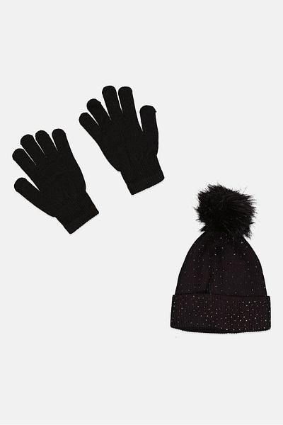Daisy Fuentes Women 2 Piece Rhinestone Glove And Beanie Set, Black