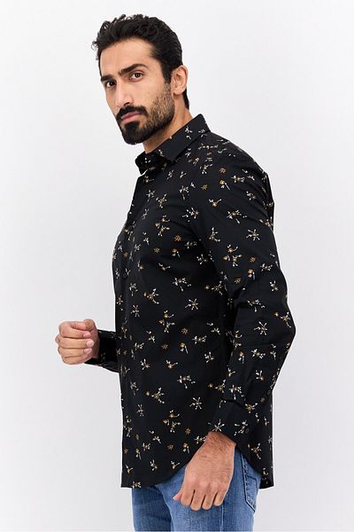 Perry Ellis قميص رجالي كاجوال بقصّة مطاطية وأكمام طويلة وطبعة زهور، متعدد الألوان