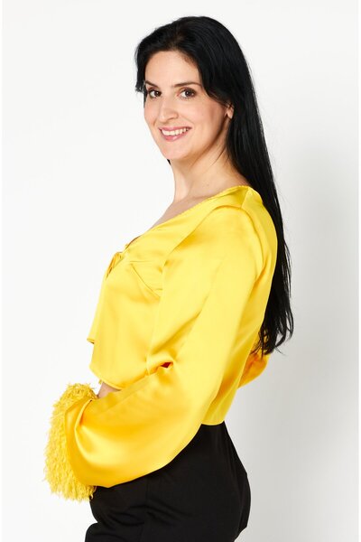 NA-KD Women Tie Neck Long Sleeve Faux Feather Satin Top, Yellow