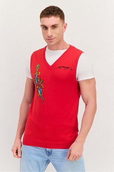 Ed Hardy Men V-neck Graphic Print Sleeveless Sweater Vest, Red Combo