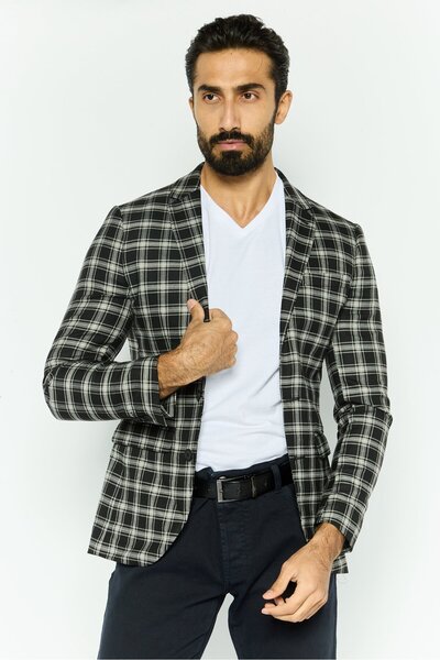 TopMan جاكيت بدلة رجالي بقصة ضيقة ونقشة مربعات شبه رسمية، باللون الرمادي