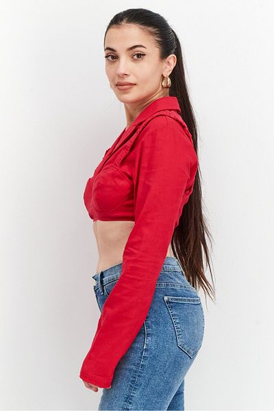 NA-KD Women Notched Collar Long Sleeve Textured Crop Top, Red