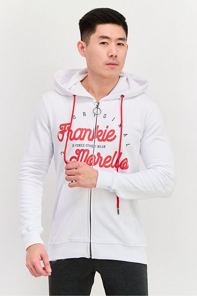 Frankies Bikinis Men Printed Full Zip Long Sleeve Sweatshirts, White
