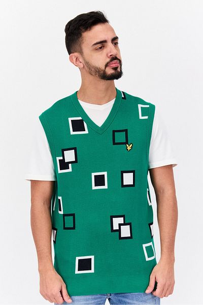 Lyle & Scott Men Crew Neck Sleeveless Allover Print Vest, Green Combo