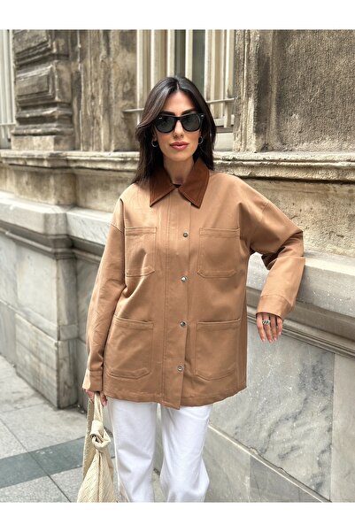 bymaestro woman Kadın Kadife Yaka Torba Cepli Ceket