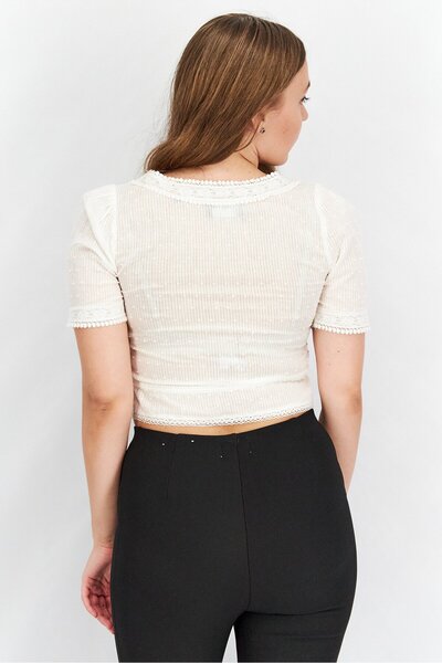 The Kooples Women Square Neck Short Sleeves Lace Detail Top, White