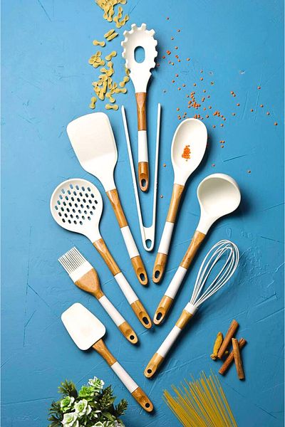 AROW Ladynur Pink&more 9 Piece Bamboo & Silicone Chef Set - White