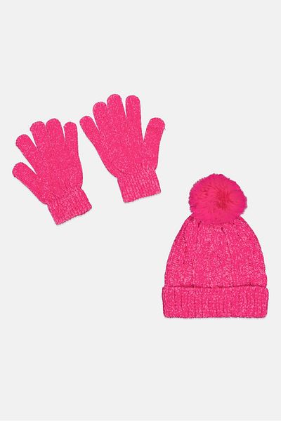 Laundry by Shelli Segal Women 2pcs Cable Knit Beanie And Gloves Set, Dark Pink