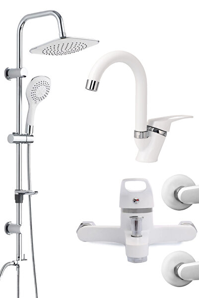 BF BLACKFİT BF57 Beyaz Mix Lavabo Banyo Bataryası Tepe Duş Başlığı Duş Seti D...