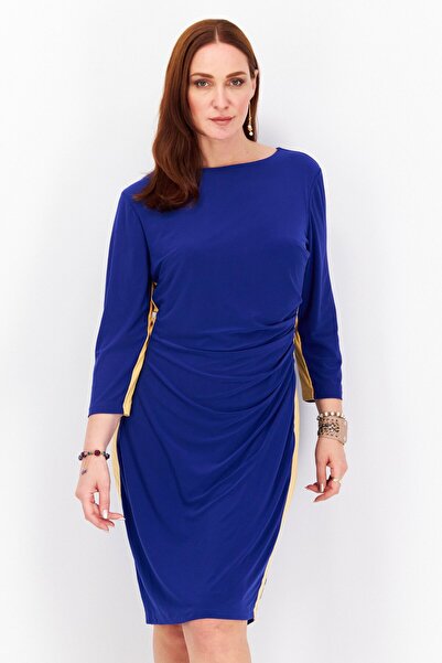 Kasper Women Boat Neck Long Sleeve Plain Midi Dress, Blue