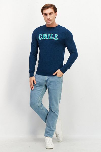 CELIO Men Crew Neck Long Sleeve Embroidered Sweatshirts, Teal Blue