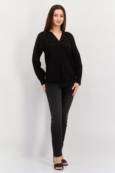 Esprit Women V-neck Long Sleeves Plain Blouse, Black