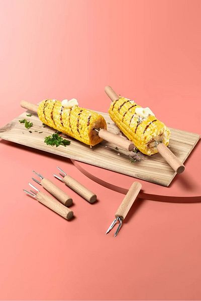 Tchibo 8 pcs Corn Cob Holders, Brown and Silver