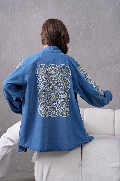 Miss Allos Kadın Arkası Ve Kolları Pul Payet Nakışlı Kot Kimono Ceket