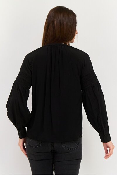 Esprit Women V-neck Long Sleeves Plain Blouse, Black