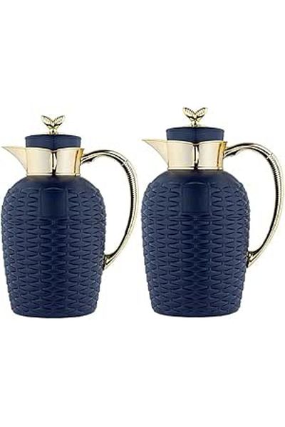 ALSAIF 2 Pieces Coffee And Tea Vacuum Flask Set Size: 0.7/1.0 L Color: Dark Blue/gold