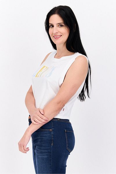 Levi's Women Round Neck Sleeveless Brand Logo Crop Tank Top, White Combo