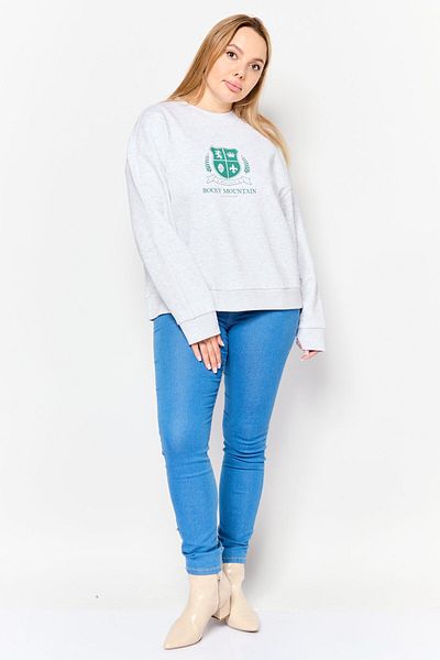 Mode Women Crew Neck Long Sleeve Graphic Sweatshirt, Light Grey
