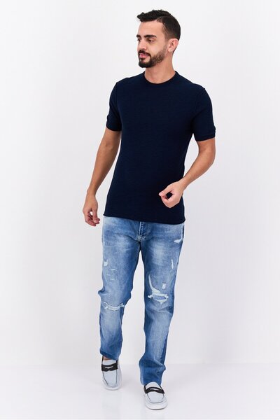 Esprit Men Crew Neck Short Sleeve Textured T-Shirts, Navy Blue