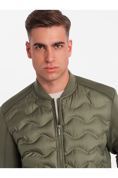 OMBRE Men's quilted bomber jacket - dark olive green V3 OM-JALP-0141 L