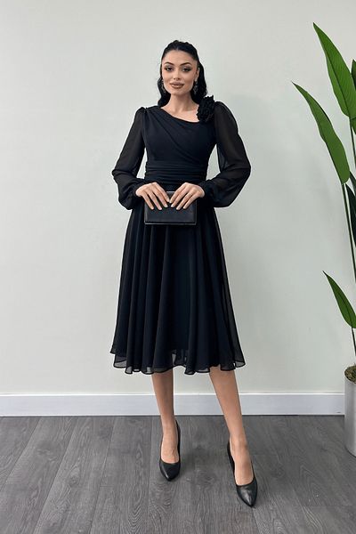 giyimmasalı Chiffon Fabric Rose Detailed Midi Length Dress - Black