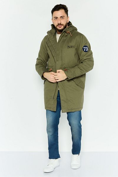 Pepe Jeans Men Embroidered Logo Hooded Parka Jacket, Dark Olive