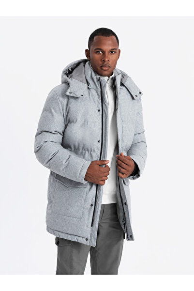 OMBRE Teplá pánská dlouhá bunda parka s vlnou - světle šedá melanž V3 OM-JALJ-0217 XL