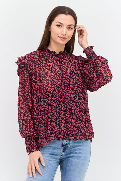 Pepe Jeans Women Ruffle Collar Long Sleeves Floral Print Blouse, Navy