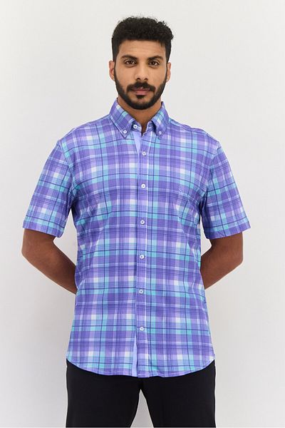 TailorByrd Men Regular Fit Plaid Short Sleeve Casual Shirt, Purple