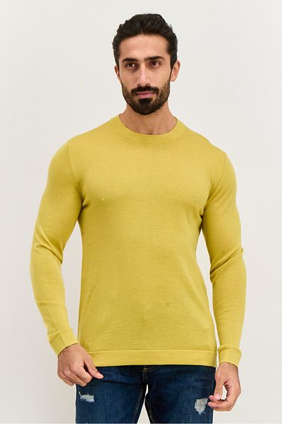 Esprit Men Round Neck Solid Long Sleeve Knitted Sweater, Mustard