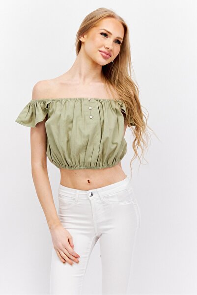 Missguided Women Off Shoulder Short Sleeve Solid Crop Top, Khaki