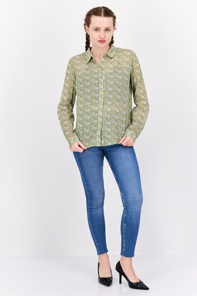 Scotch & Soda Women Regular Fit Allover Print Long Sleeves Casual Shirt, Green Combo