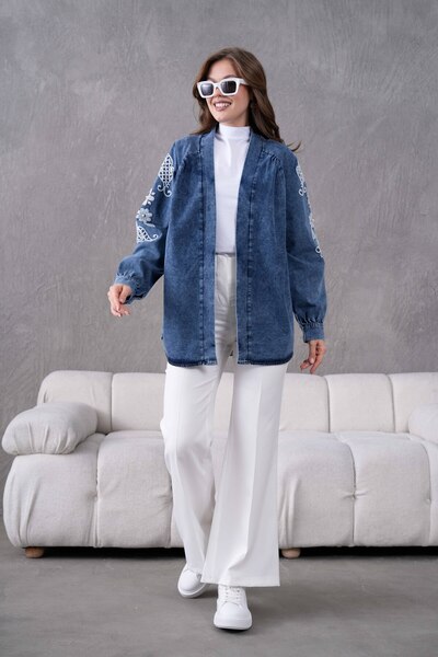 Miss Allos Kadın Arkası Ve Kolları Nakışlı İnci Detaylı Kot Kimono Ceket