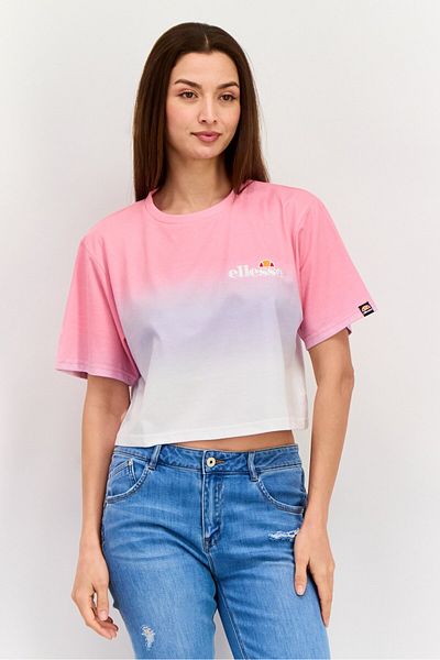 Ellesse Women Crew Neck Short Sleeve Brand Logo Crop Top, Pink Combo
