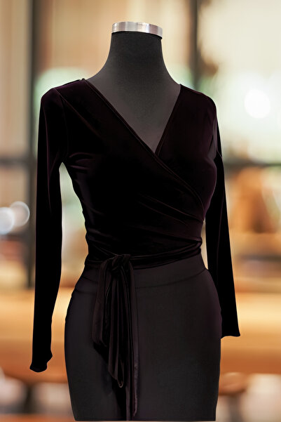 Due Stelle Uzun Kollu Kadife Anvelop Crop Bluz Siyah