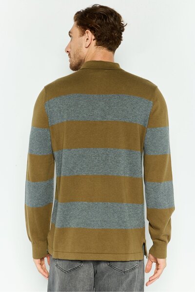 Hawker Rye Men Spread Collar Stripe Long Sleeves Sweater, Olive