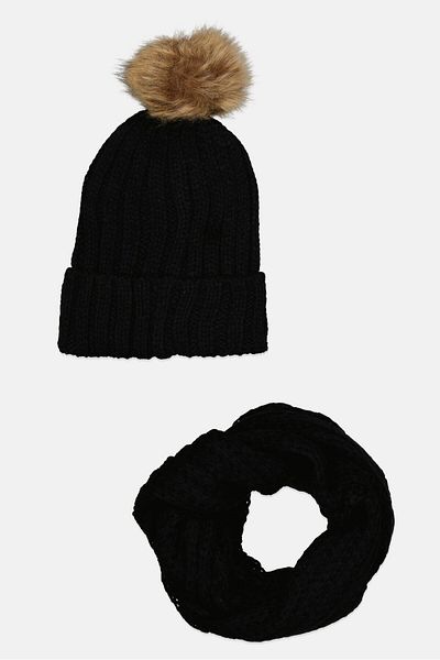 Rampage Women 2pcs Chunky Knit Beanie And Infinity Scarf Set, Black