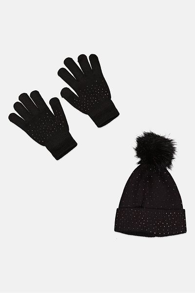 Daisy Fuentes Women 2 Piece Rhinestone Glove And Beanie Set, Black