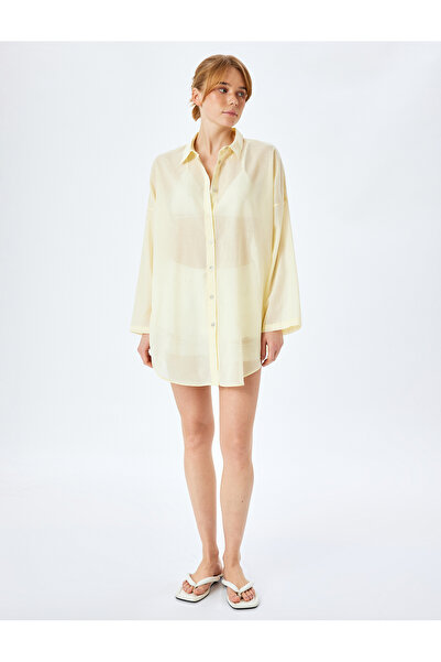 Koton Pamuklu Düğmeli Uzun Kollu Gömlek Yaka Plaj Elbisesi