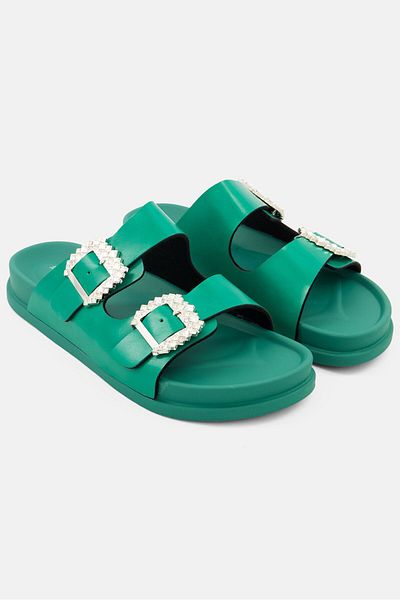I Love Fashion Women Slip On Slide Sandals, Emerald Green