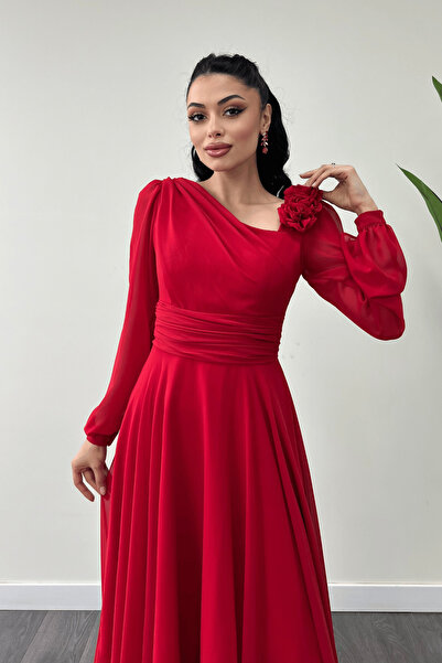 giyimmasalı Şifon Kumaş Gül Detaylı Midi Boy Elbise - KIRMIZI