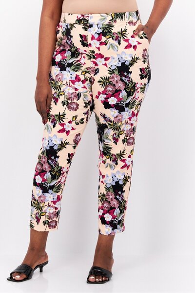 Nina Parker Women Plus Size Floral Print Capri Pants, Peach Combo