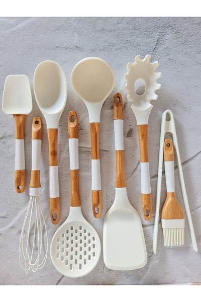 AROW Ladynur Pink&more 9 Piece Bamboo & Silicone Chef Set - White