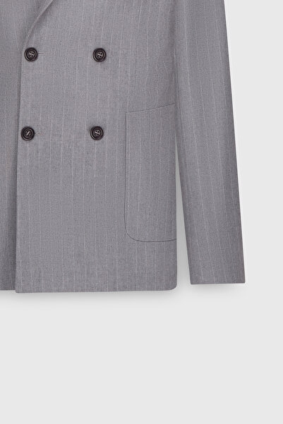 ALTINYILDIZ CLASSICS Ανδρικό γκρι μάλλινο μπουφάν με λεπτή εφαρμογή με ριγέ γιακά χελιδονοουρά με τσέπη