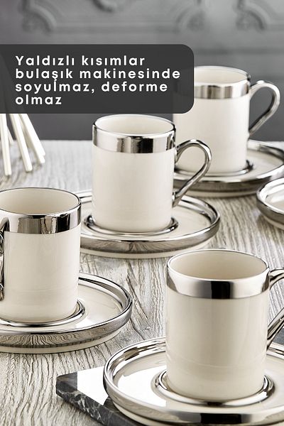 GRİMOR Life Silver Gilded 6-Person Porcelain Cup Set 12 Pieces Turkish Coffee Set Coffee Cup 100 ml